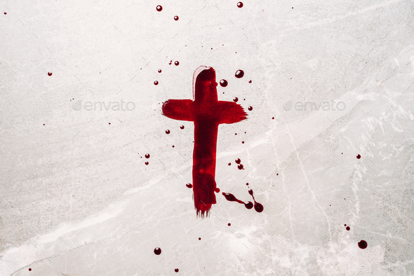 Christian cross painted with red blood on stone background. Copy space. Good  friday. Passion Stock Photo by jchizhe