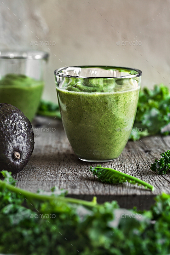 Kale with Avocado and Coconut water and meat Smoothie Stock Photo by  vanillaechoes