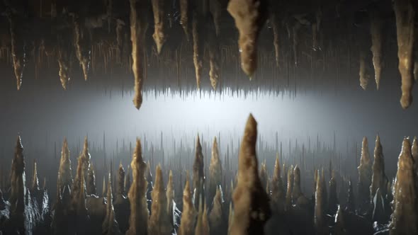 Journey through an underground cave full of stalactites and stalagmites. 4KHD alt