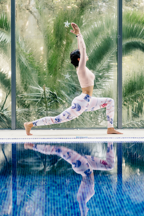 sportive woman yoga practice morning relaxation on vacation resort - Stock Photo - Images