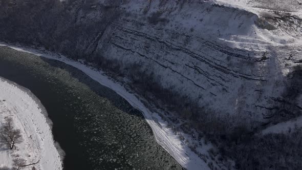 Frozen Canyon at Winter Day Aerial Drone View