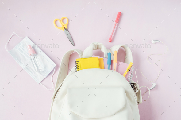 Student school bag with medical mask, sanitizer