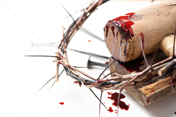 Good Friday, Passion of Jesus Christ. Crown of thorns, nails isolated on  white background. Christian Stock Photo by jchizhe