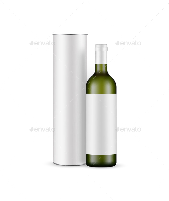 Download Green Glass Wine Bottle With Label And Cardboard Tube Mockup By Evgeniyzimin