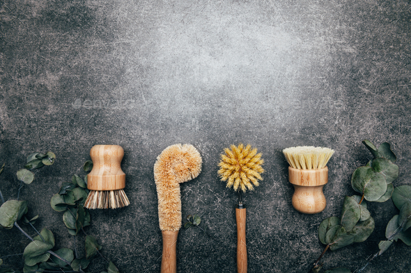 Bamboo Kitchen Scrub Brush Set of 4 - Stock Photo - Images