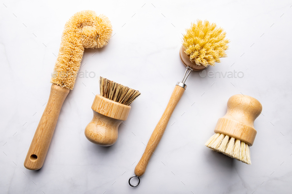 Bamboo Kitchen Scrub Brush Set of 4 - Stock Photo - Images