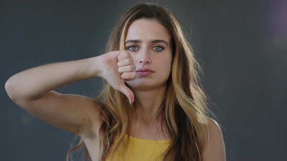 Female Portrait Isolated in Studio on Gray Background Young Girl Blonde Woman Lady Model Looking at alt