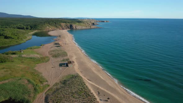 Panoramic morning view of wild sandy beac alt