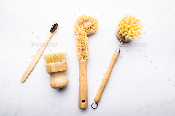 Bamboo Kitchen Scrub Brush Set of 3 - Stock Photo - Images