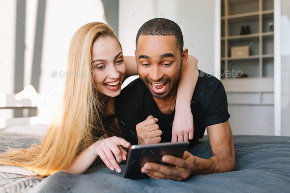 Portrait lovely moments of happy couple of cute young woman with long blonde hair and handsome guy s