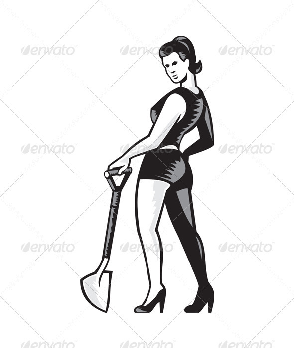 Pin-up Girl With Shovel Spade Retro - People Characters