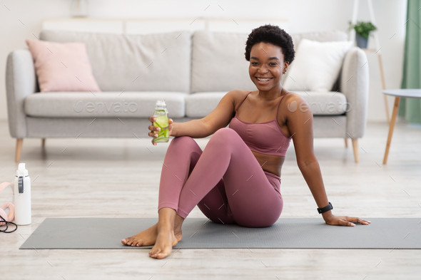 Fitness Black Woman Drinking Water Bottle Training Workout