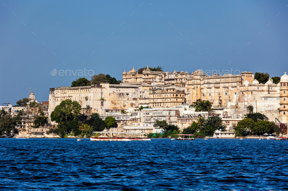 City Palace view from the lake. Udaipur, Rajasthan, India - Stock Photo - Images