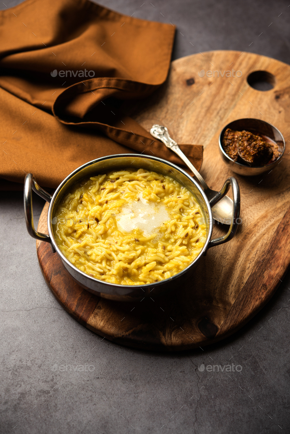 Tasty Dal Khichadi made using clarified butter or desi ghee, Indian