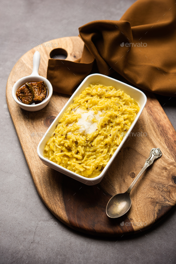 Tasty Dal Khichadi made using clarified butter or desi ghee, Indian
