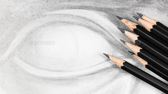 panoramic view of graphite pencils on drawing