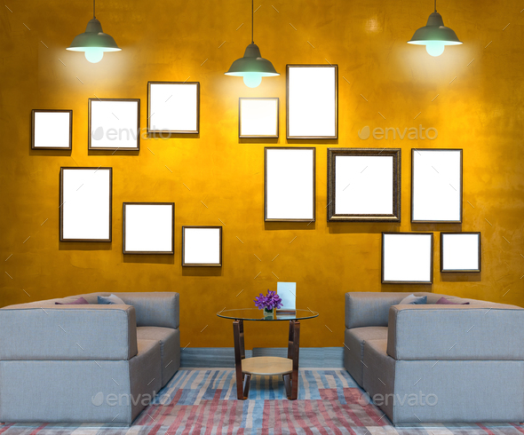 Lobby area of a hotel over the Vintage wall background with photo frame with lighting, - Stock Photo - Images