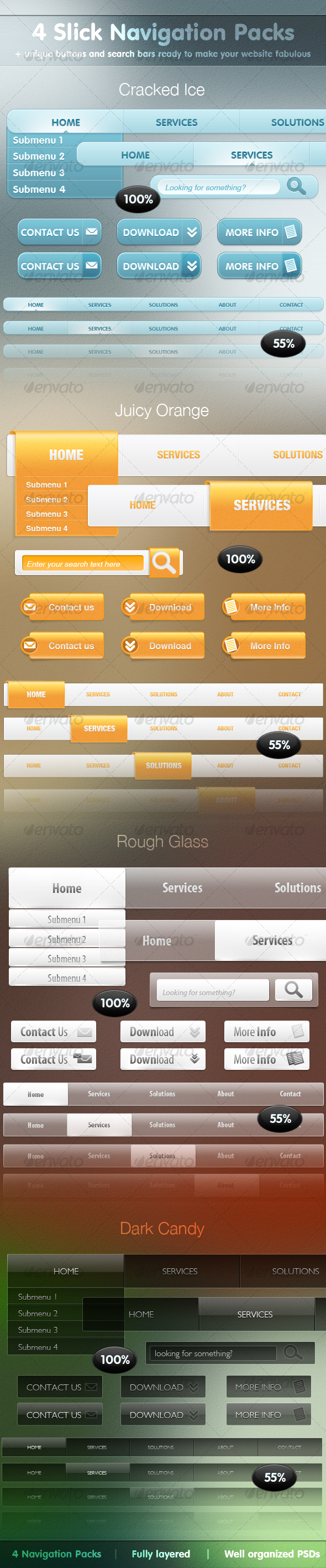 4 Slick Navigation Packs + Buttons & Search Bars - Buttons Web Elements