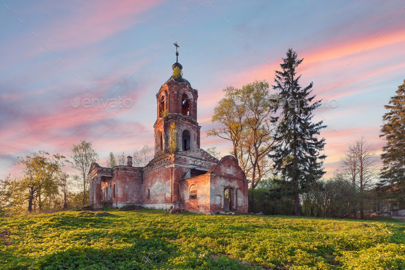 Abandoned old brick orthodox church at sunset - Stock Photo - Images