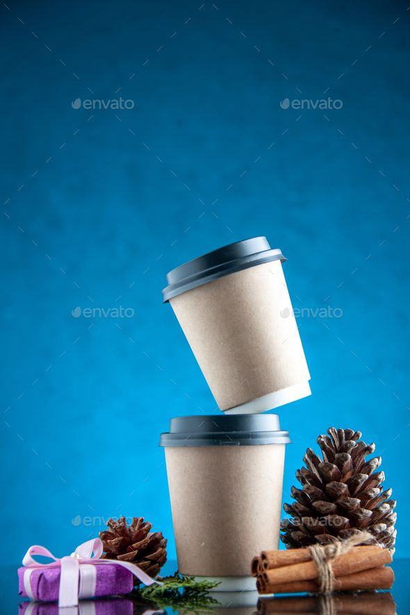 front view delivery coffee cups on blue background service tea color photo drink