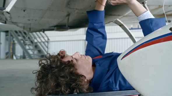 Female Technician Working Underneath of Airplane alt