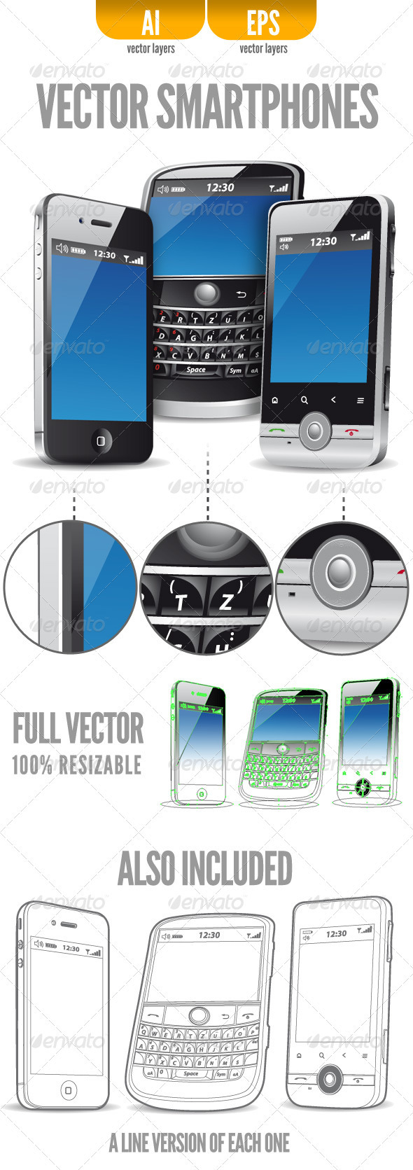Three Vector Smartphones - Man-made Objects Objects