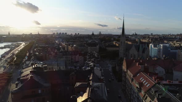 Drone Flying Over Rooftops of Stockholm