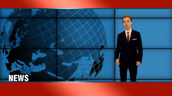 Young Stylish Anchorman Telling the Latest News in TV Studio