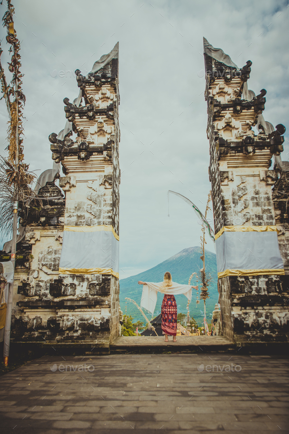 Woman at Pura Lempuyang temple in Bali - Stock Photo - Images