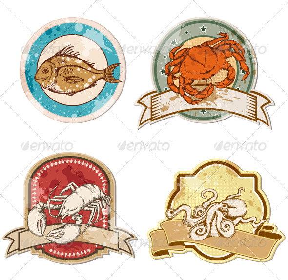 Vintage Labels with Seafood - Food Objects