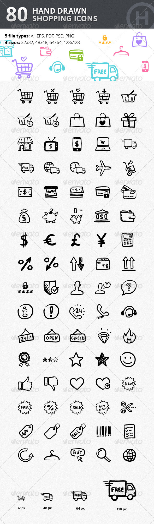 80 Hand-drawn Shopping & Commerce Icons - Web Icons