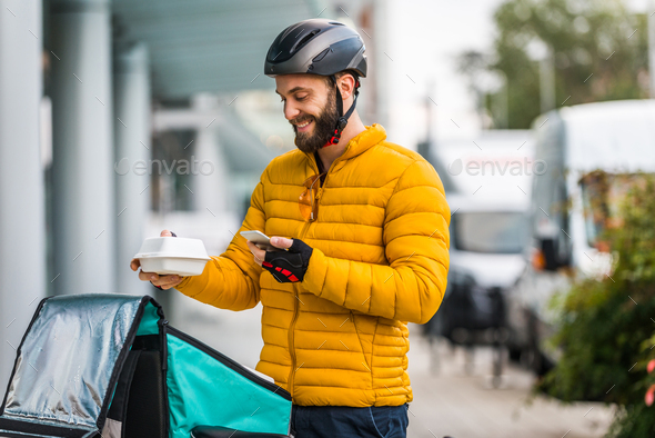Food delivery, rider with bicycle delivering food