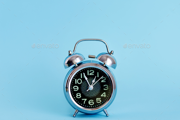 Black Vintage Alarm Clock On Blue, Antique Alarm Clocks