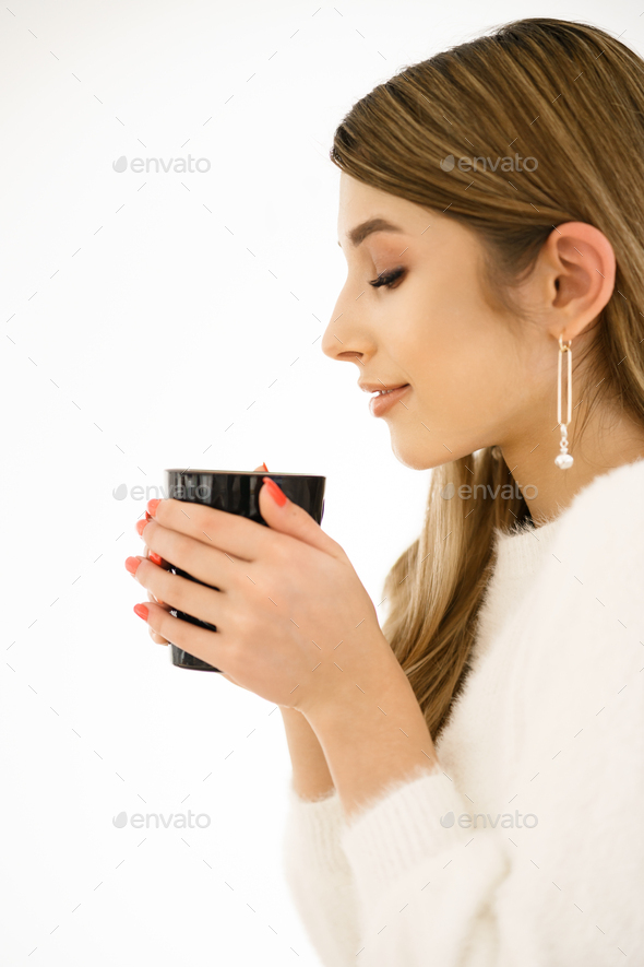 Coffee. Beautiful Girl Drinking Coffee - Stock Photo - Images