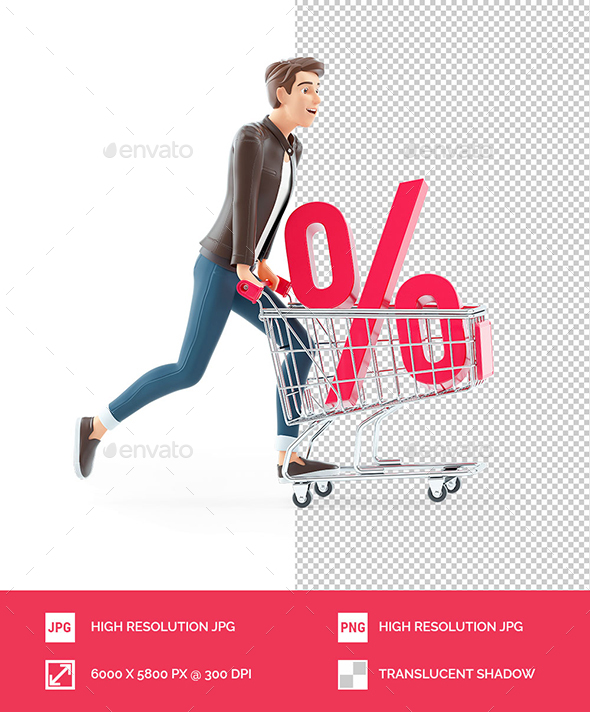 3D Cartoon Man Pushing Shopping Cart with Percent Sign