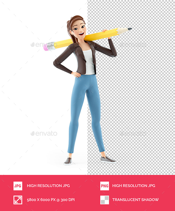 3D Cartoon Woman Carrying Pencil on her Shoulders