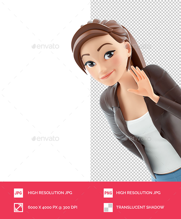 3D Cartoon Woman Saying Hello