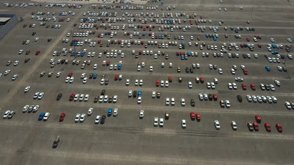 View From the Copter, Cars Are in Rows in the Parking Lot. Large Parking Area, Camera Zoom. Russia