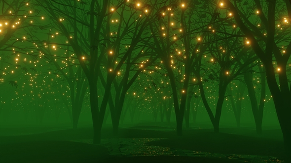 Fireflies in a foggy dark green woods