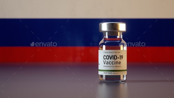 Corona Vaccine / Covid Vaccine Ampule / Vaccination in Russia Flag