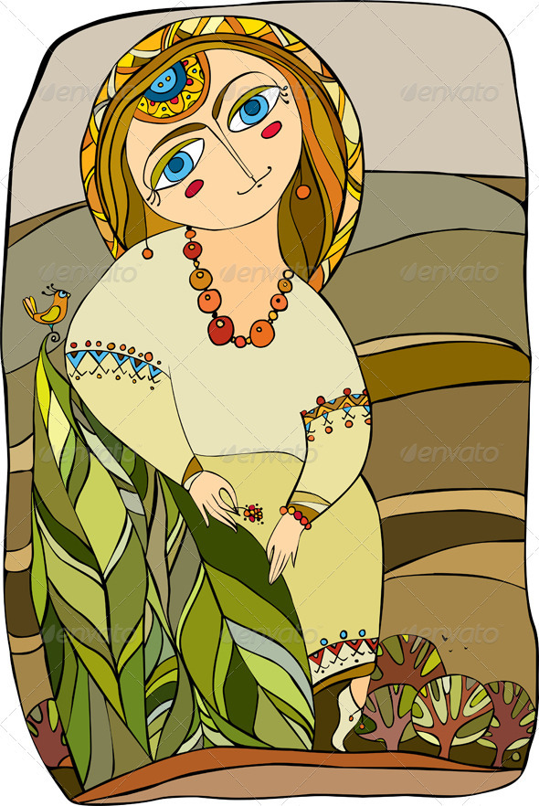 Girl Folk Costume Sit Landscape - People Characters