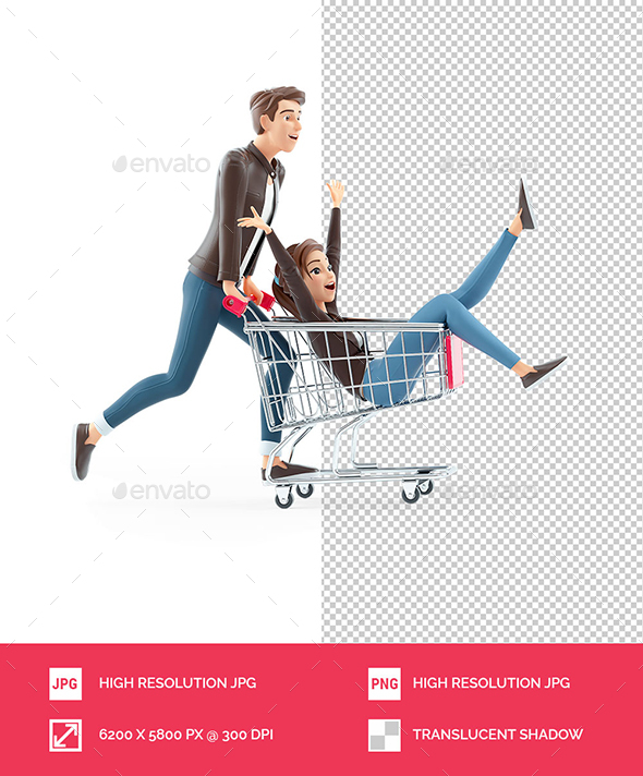 3D Cartoon Man Pushing Woman inside Shopping Cart