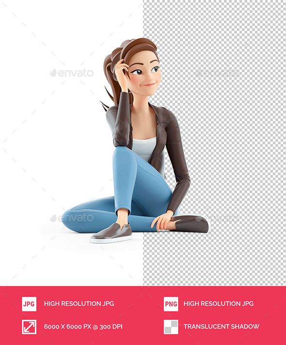 3D Happy Cartoon Woman Sitting on Floor