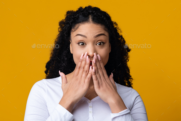 No Way. Portrait Of Impressed Happy Black Woman Covering Mouth With Hands