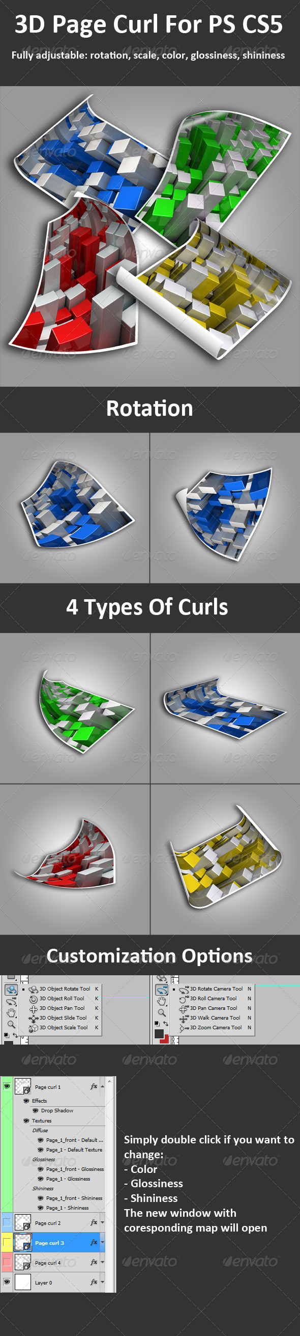 3D Page Curl For PS CS5, Full 3D Options - Photo Templates Graphics
