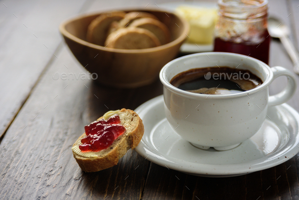 Breakfast With Coffee Bread Butter And Jam Stock Photo By Tataks