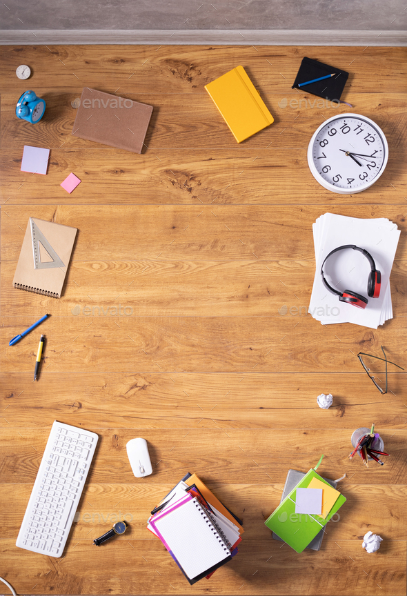 Study supplies and accessories on wooden floor background. Study learning  concept Stock Photo by seregam