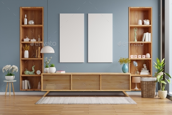 Download Poster Mockup With Vertical Poster On Empty Blue Wall In Living Room Interior With Cabinet Stock Photo By Vanitjanthra