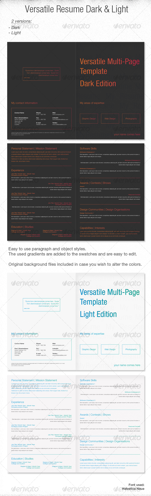 Versatile Multi-Page Template Dark and Light - Resumes Stationery