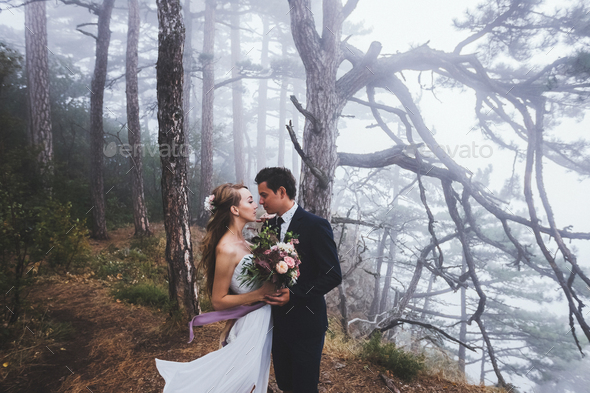 Wedding in a mysterious forest. Newlyweds walk in the fog, autumn mood